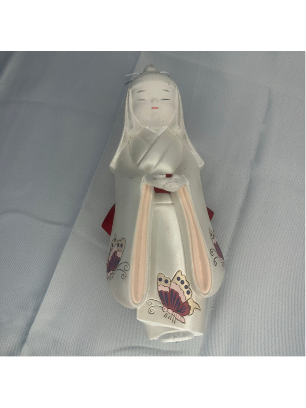 Vintage Japanese Hakata Ningyo Doll Hand Painted Clay w Butterfly Kimono Red